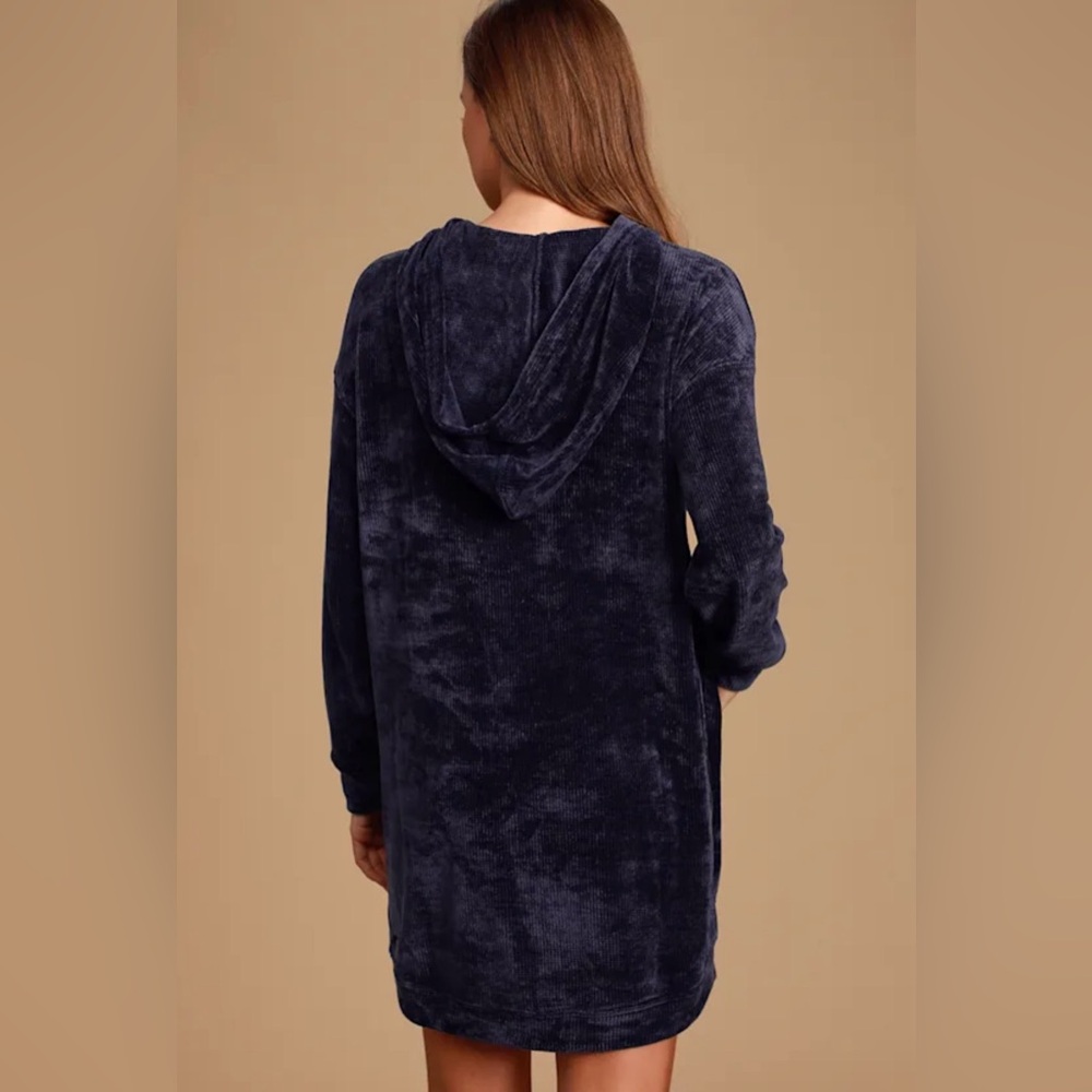 Lulu's Micha Navy Blue Chenille Knit Hooded Sweater Dress - Picture 3 of 8